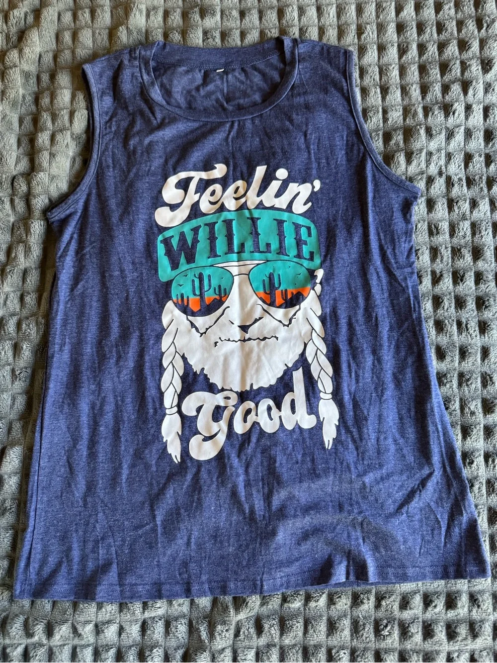 ❤️ 2/$20 NWOT Feelin Willie Graphic Tank Blue with Teal White Print Large Nelson - Picture 1 of 3
